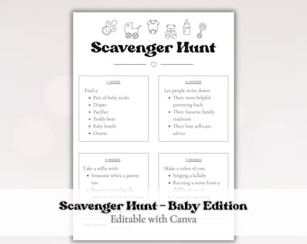 Búsqueda del tesoro para baby shower: desafío fotográfico y de video (plantilla editable de Canva)
