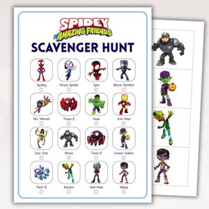 Op de afbeelding: Twee witte vellen papier met een blauwe rand. Het linkerblad heeft een "Spidey and His Amazing Friends" speurtocht met karakterillustraties. Het rechterblad heeft karakterillustraties. De tekst bevat karakternamen.