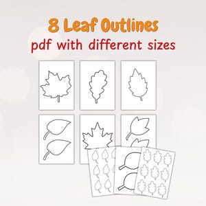 May include: A digital collection of 8 leaf outlines presented in a PDF format with different sizes. The image displays various black and white line drawings of leaves, including maple, oak, and other foliage shapes arranged on white pages.