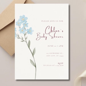 Invito per baby shower (modello modificabile Canva) - Fiore azzurro - Invito per baby shower per mamma o futuri genitori