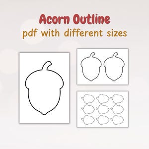 Könnte beinhalten: Ein digitales Dokument mit dem Titel Acorn Outline pdf with different sizes, das drei weiße Seiten mit schwarzen Umrissen von Eicheln zeigt. Eine Seite zeigt eine große Eichel, eine andere zwei mittlere Eicheln und die dritte neun kleine Eicheln.