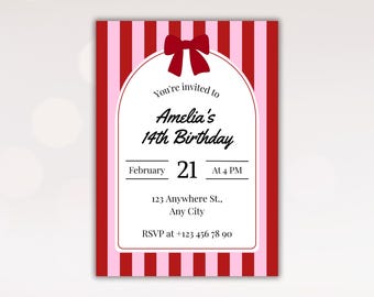 Red and Pink Stripes Invitation Template - Editable with Canva - Birthday Party Invite