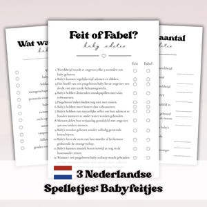 Op de afbeelding: Drie witte papieren vellen met zwarte tekst, met een spel genaamd "Feit of Fabel?" (Feit of Fictie?) over baby's. De tekst bevat vragen met selectievakjes voor "Feit" (Feit) en "Fabel" (Fictie). De onderkant van de afbeelding zegt "3 Nederlandse Spelletjes: Babyfeitjes."