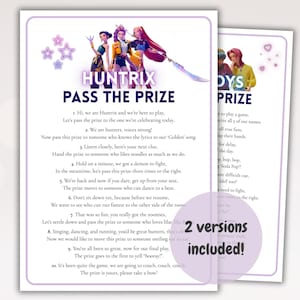 Puede incluir: Dos hojas de juego imprimibles con el texto "HUNTRIX PASS THE PRIZE" y "DYS PRIZE". Las hojas tienen un borde púrpura y presentan ilustraciones de personajes animados. El texto incluye instrucciones del juego.