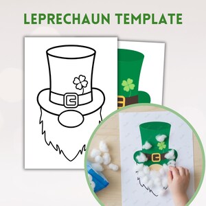 Op de afbeelding: Een knutsel sjabloon voor St. Patrick's Day met een kabouterhoed en baardontwerp. De afbeelding bevat een voltooide knutsel met een wattenbaard en een groene hoed met een klavertje vier. De tekst "LEPRECHAUN TEMPLATE" staat bovenaan.