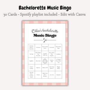 Bingo musical - Juego de despedida de soltera - Actividad para despedida de soltera - Lista de reproducción de Spotify incluida - Tarjetas de bingo imprimibles - Editables con Canva
