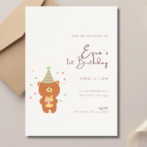Convite de primeiro aniversário (modelo editável do Canva) - Ursinho de festa - Convite neutro para festa infantil - Ajustável a qualquer idade