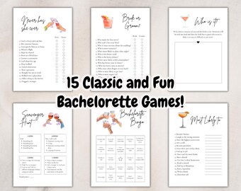 Puede incluir: Seis juegos imprimibles para despedidas de soltera en papel blanco. Los juegos incluyen "Never Has She Ever", "Bride or Groom?", "Who Is It?", "Scavenger Hunt", "Bachelorette Bingo" y "Most Likely To".