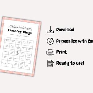 May include: A pink and white plaid-bordered Country Bingo game sheet for a bachelorette party. The text "Chloe's bachelorette Country Bingo" is at the top. Instructions include download, personalize with Canva, print, and ready to use.