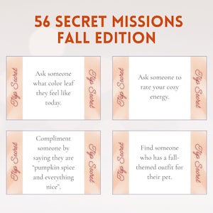 Könnte beinhalten: Vier rechteckige Karten mit dem Titel 56 Secret Missions Fall Edition. Jede Karte hat ein weißes Zentrum mit schwarzem Text und pfirsichfarbene Seitenränder mit der Aufschrift Top Secret. Der Text enthält Anweisungen für herbstliche Interaktionen.