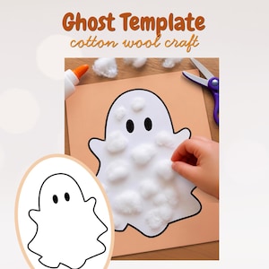 May include: A Ghost Template cotton wool craft kit featuring a printed ghost outline on peach paper, white cotton balls, a glue bottle, and purple scissors. The template shows a ghost shape with black oval eyes, partially filled with cotton balls.