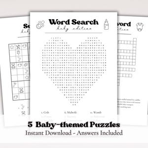 Baby Shower Puzzle Games Bundle: Crossword, Word Search, Word Scramble, Sudoku, Maze (Instant Download)