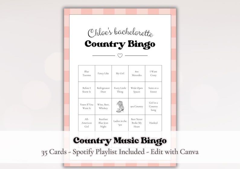 May include: A pink and white gingham-patterned bingo card with the text "Chloe's bachelorette Country Bingo" at the top. The card features a grid of bingo squares with country music-themed phrases. The bottom of the card reads "Country Music Bingo".