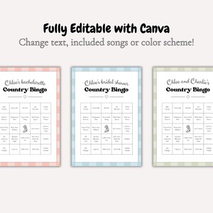 May include: Three Country Bingo cards with different color schemes: pink, blue, and green. Each card has a grid of squares with text and a cowboy boot graphic. The text at the top says "Chloe's bachelorette", "Chloe's bridal shower", and "Chloe and Charlie's".