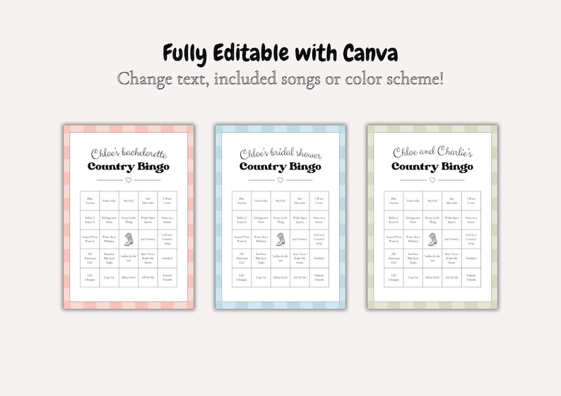 May include: Three Country Bingo cards with different color schemes: pink, blue, and green. Each card has a grid of squares with text and a cowboy boot graphic. The text at the top says "Chloe's bachelorette", "Chloe's bridal shower", and "Chloe and Charlie's".
