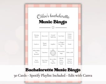 Bachelorette Party Music Bingo - Bridal Shower Idea - Editable Canva Template