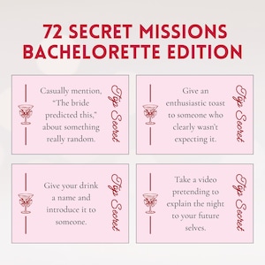 May include: A set of pink cards with text for a hen party game. The cards feature phrases such as "Give an enthusiastic toast" and "Give your drink a name." The title reads "72 Secret Missions Bachelorette Edition."