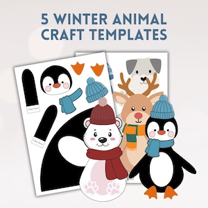 Puede incluir: Se muestran cinco plantillas de manualidades de animales de invierno, con un pingüino, un oso polar, un reno y un perro. El pingüino y el oso polar llevan gorros y bufandas. El texto "5 WINTER ANIMAL CRAFT TEMPLATES" está en la parte superior.