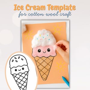 Op de afbeelding: Een ijsjessjabloon voor katoenwol. De afbeelding toont een knutselproject met een tekening van een ijshoorntje en een ijshoorntje van katoenwol. De tekst "Ice Cream Template for cotton wool craft" staat bovenaan.