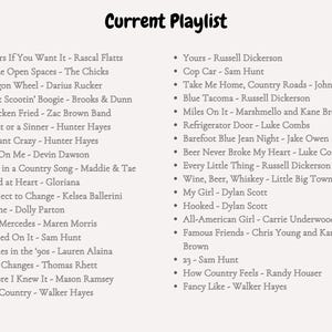 May include: A playlist titled "Current Playlist" with a list of country music songs and artists, including Rascal Flatts, The Chicks, Darius Rucker, and Zac Brown Band. The text is in black on a cream background.