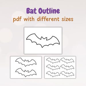 Puede incluir: Un documento digital titulado Bat Outline pdf with different sizes, que presenta tres páginas rectangulares blancas. Cada página muestra dibujos de líneas negras de siluetas de murciélagos en diferentes cantidades y tamaños, con un diseño sencillo.