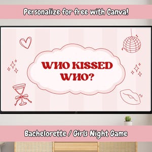 Può includere: Un display digitale mostra uno sfondo a righe rosa e bianche con un disegno a tratto rosso di un cuore, una palla da discoteca, stelle, un bicchiere da cocktail e labbra. Il testo "WHO KISSED WHO?" è in una cornice a forma di nuvola.
