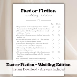 Op de afbeelding: Een witte, bedrukbare spelkaart met de titel "Fact or Fiction - Wedding Edition". De kaart bevat een reeks beweringen over huwelijkstradities, met vakjes om "Fact" of "Fiction" aan te kruisen. De woorden "Instant Download - Answers Included" zijn ook aanwezig.