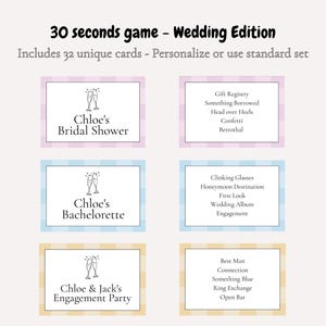 Op de afbeelding: Een spelset genaamd "30 seconds game - Wedding Edition" met kaarten voor bruidsdouches, vrijgezellenfeesten en verlovingsfeesten. De kaarten hebben een geblokte rand en bevatten teksten als "Gift Registry" en "Best Man".