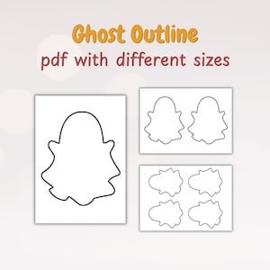 Może przedstawiać: Dokument cyfrowy zatytułowany Ghost Outline pdf with different sizes, przedstawiający duży czarny kontur ducha po lewej stronie oraz dwie mniejsze prostokątne siatki po prawej stronie zawierające wiele konturów duchów w różnych rozmiarach.