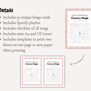 May include: A digital download featuring a bachelorette party game. The image shows a "Country Bingo" game with a pink and white checkered border. The details include 35 unique bingo cards, a Spotify playlist, and a checklist of songs.