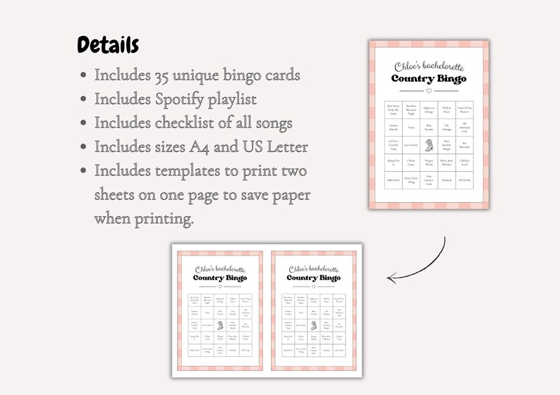 May include: A digital download featuring a bachelorette party game. The image shows a "Country Bingo" game with a pink and white checkered border. The details include 35 unique bingo cards, a Spotify playlist, and a checklist of songs.