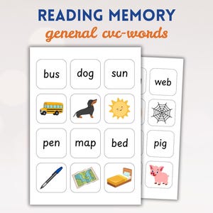 May include: Educational flashcards with the text "READING MEMORY general cvc-words." The cards feature illustrations of a school bus, dog, sun, pen, map, bed, and pig. The cards are designed for early literacy.