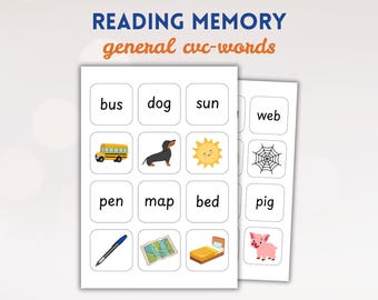 Op de afbeelding: Educatieve geheugenkaarten met de tekst "READING MEMORY general cvc-words". De kaarten tonen illustraties van een schoolbus, hond, zon, pen, kaart, bed en varken. Geschikt voor vroege geletterdheid.