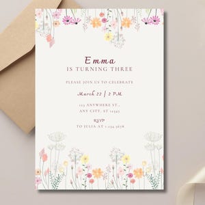 Invitation d'anniversaire (anglais) – Modèle Canva – Fleurs