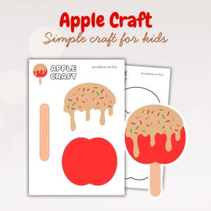 May include: A printable craft sheet featuring the text Apple Craft and Simple craft for kids. The sheet includes a red apple shape, a tan stick, and a tan topping with colorful sprinkles. A finished candy apple assembly is shown to the right.