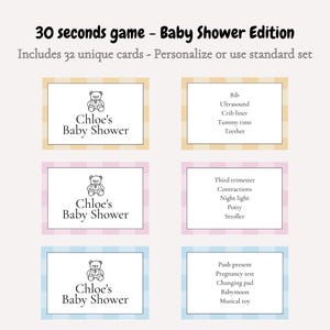 Può includere: Un set di giochi per baby shower con carte dai colori pastello. Il gioco si intitola "30 seconds game - Baby Shower Edition" e include 32 carte uniche. Ogni carta presenta una grafica di orsacchiotto e il testo "Chloe's Baby Shower".