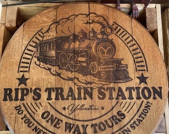 Bourbon Barrel Lid Yellowstone Rips Train Station Father Mother Birthday Anniversary Gift Man Cave Custom Personalized