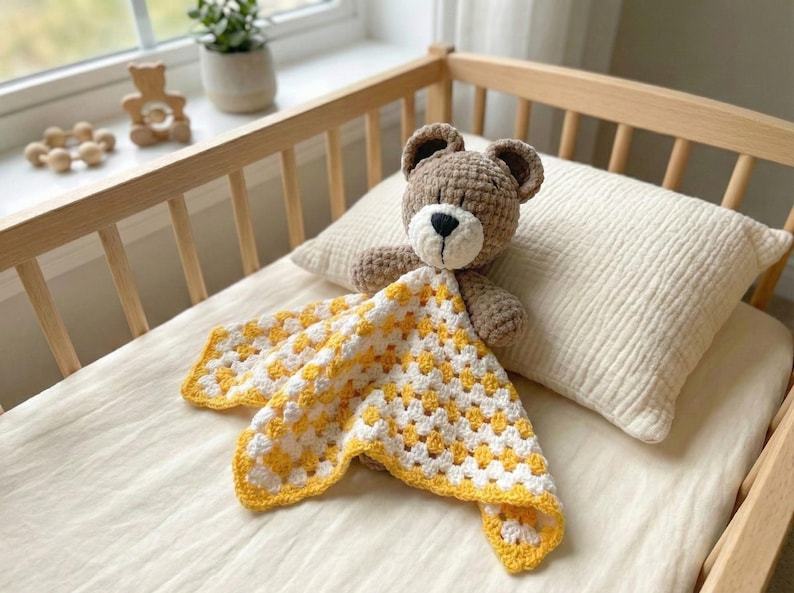 Mantita de apego osito crochet – Bear lovey, security blanket imagen 1