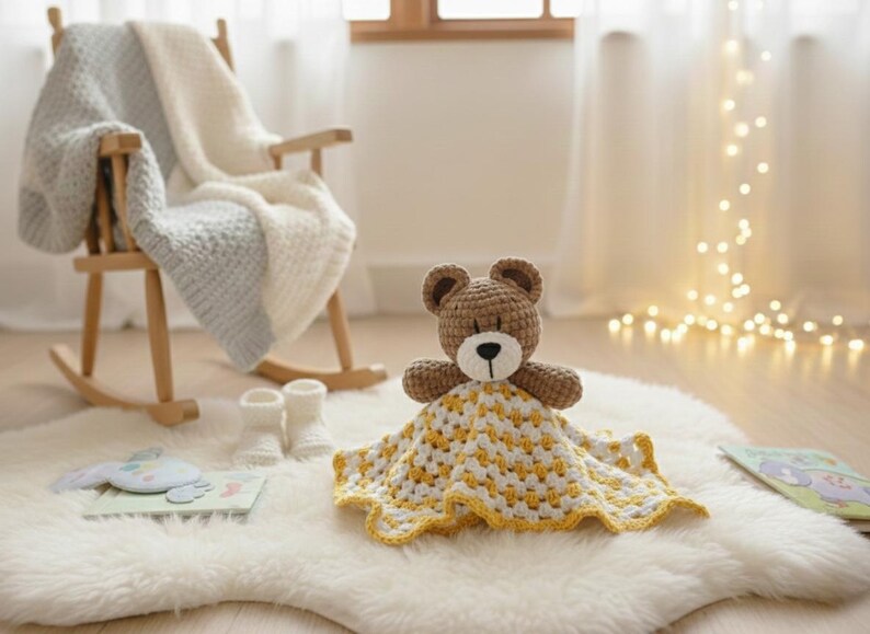 Mantita de apego osito crochet – Bear lovey, security blanket imagen 9