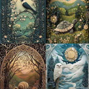 Zestaw sztuki ściennej Day Forest | Cottagecore Goblincore Fairycore Digital Prints – 4 sezonowe sceny wycinane z papieru | Natychmiastowe pobranie