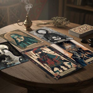 May include: A selection of tarot cards with intricate illustrations and decorative borders, arranged on a wooden table. The cards display images such as "The Moon," "The Fool," and "The Emperor." A small pile of cards and a smoking incense burner are also visible.