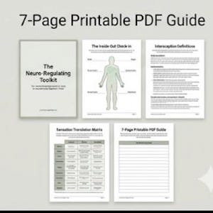 Può includere: Una guida PDF stampabile di 7 pagine intitolata The Neuro-Regulating Toolkit. Il documento include pagine con le intestazioni The Inside-Out Check-in, Interoception Definitions, Sensation Translation Matrix e una pagina a righe per appunti.