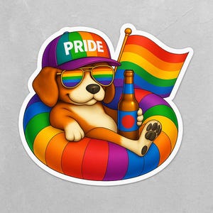 Può includere: Un adesivo con un beagle dei cartoni animati che indossa occhiali da sole arcobaleno e un cappello con la scritta "PRIDE". Il cane si rilassa in un salvagente arcobaleno e tiene in mano una bottiglia di birra e una bandiera arcobaleno.