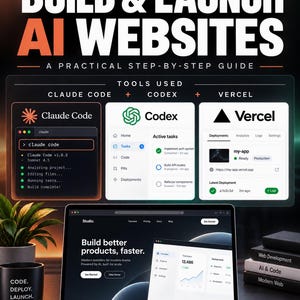 Könnte beinhalten: Ein digitaler Leitfaden mit dem Titel BUILD & LAUNCH AI WEBSITES mit Claude Code, Codex und Vercel Schnittstellen. Ein Laptop zeigt eine Website mit dem Text Build better products, faster. Ein schwarzer Becher trägt den Text CODE. DEPLOY. LAUNCH.