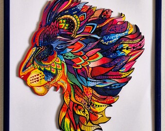 Framed Wood Lion Puzzle, Framed wall art, decorative Lion, rainbow