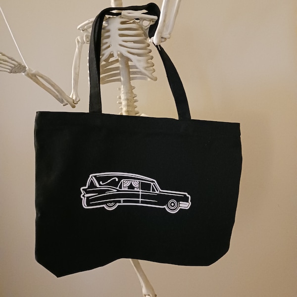Hearse Tote Bag with Zipper, goth shopping bag, school bag