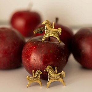 Op de afbeelding: Drie goudkleurige paardenbeeldjes, elk met ingewikkelde details, worden getoond op en rond verschillende rode appels. De appels hebben een dieprode kleur en zijn enigszins onscherp op de achtergrond.