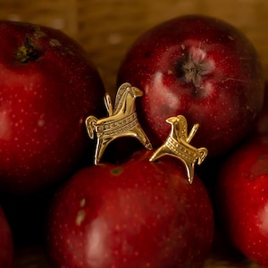 Op de afbeelding: Een paar goudkleurige paardenoorbellen, &eacute;&eacute;n groot en &eacute;&eacute;n klein, liggen op verschillende rode appels. De oorbellen hebben gedetailleerde ontwerpen en staan tegen een vage houten achtergrond.