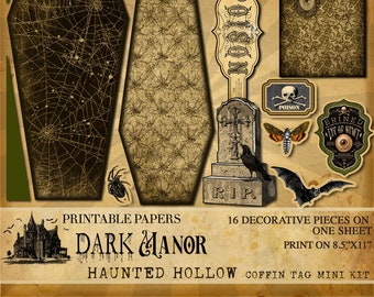 Haunted Hollow Collection - Coffin Shaped Loaded Halloween Tag - Dark Manor - DIGITAL JOURNALING - Printable - Instant Download