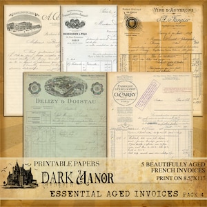 May include: A collection of five vintage French invoices, printed on aged paper, with handwritten text and decorative flourishes. The invoices are for various businesses, including a liquor store, a watchmaker, and a wine merchant. The invoices are printed on 8.5 x 11 inch paper.